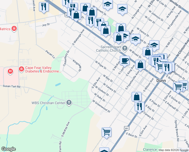 map of restaurants, bars, coffee shops, grocery stores, and more near 602 South Ellis Avenue in Dunn
