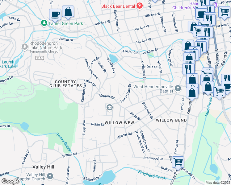 map of restaurants, bars, coffee shops, grocery stores, and more near 1236 Pinebrook Circle in Hendersonville