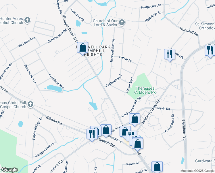 map of restaurants, bars, coffee shops, grocery stores, and more near 6110 Rockwell Boulevard in Charlotte