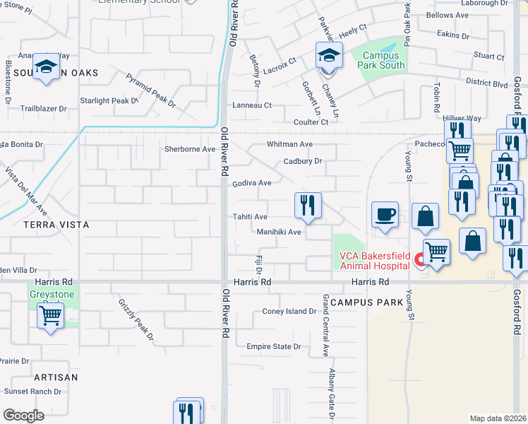 map of restaurants, bars, coffee shops, grocery stores, and more near 9500 Tahiti Avenue in Bakersfield