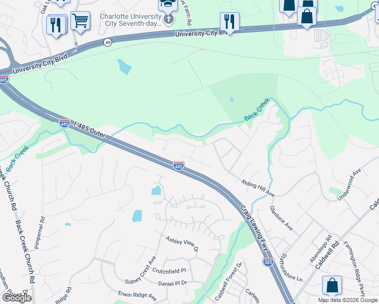 map of restaurants, bars, coffee shops, grocery stores, and more near 4903 Abercromby Street in Charlotte