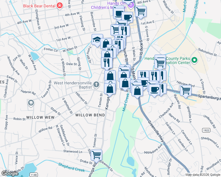map of restaurants, bars, coffee shops, grocery stores, and more near 704 White Street in Hendersonville