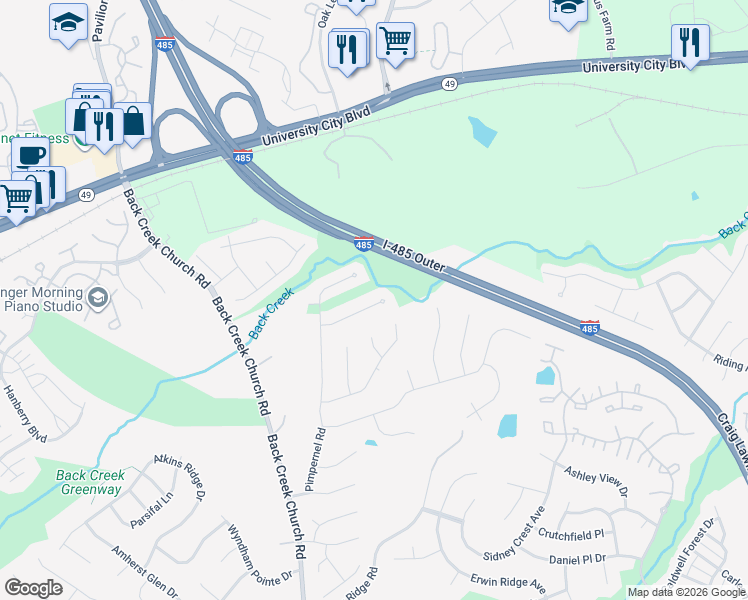map of restaurants, bars, coffee shops, grocery stores, and more near 10537 Katie Creek Court in Charlotte