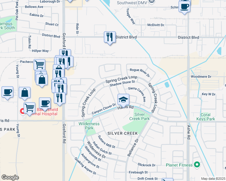 map of restaurants, bars, coffee shops, grocery stores, and more near 5314 Silvergate Street in Bakersfield