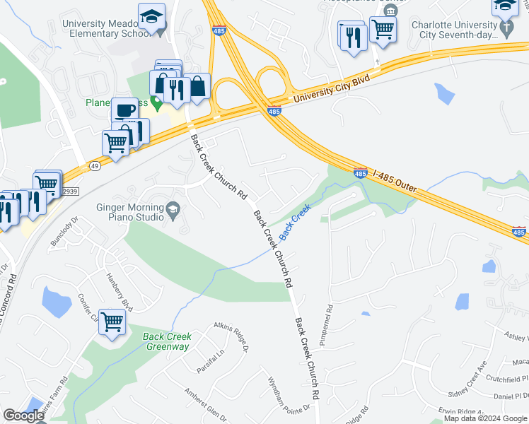 map of restaurants, bars, coffee shops, grocery stores, and more near 10403 Pickerel Lane in Charlotte