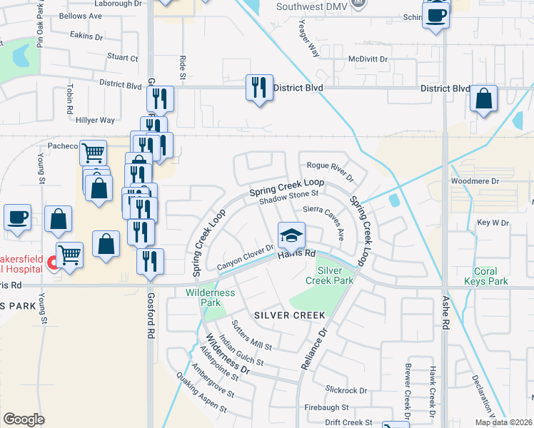 map of restaurants, bars, coffee shops, grocery stores, and more near 5314 Silvergate Street in Bakersfield