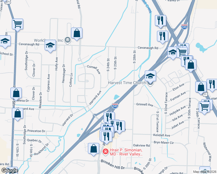 map of restaurants, bars, coffee shops, grocery stores, and more near 2304 Fordham Avenue in Fort Smith