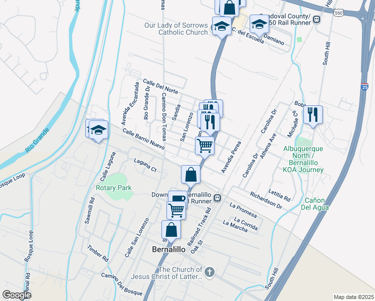 map of restaurants, bars, coffee shops, grocery stores, and more near 171 Calle Barrio Nuevo in Bernalillo