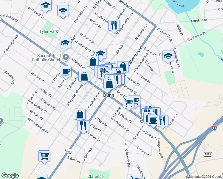 map of restaurants, bars, coffee shops, grocery stores, and more near 226 East Broad Street in Dunn