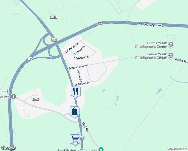 map of restaurants, bars, coffee shops, grocery stores, and more near 2232 Gold Leaf Circle in Kinston