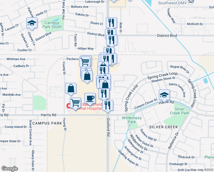 map of restaurants, bars, coffee shops, grocery stores, and more near 5385 Gosford Road in Bakersfield