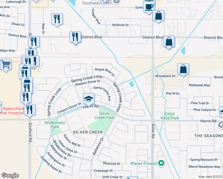 map of restaurants, bars, coffee shops, grocery stores, and more near 4742 Shadow Stone Street in Bakersfield