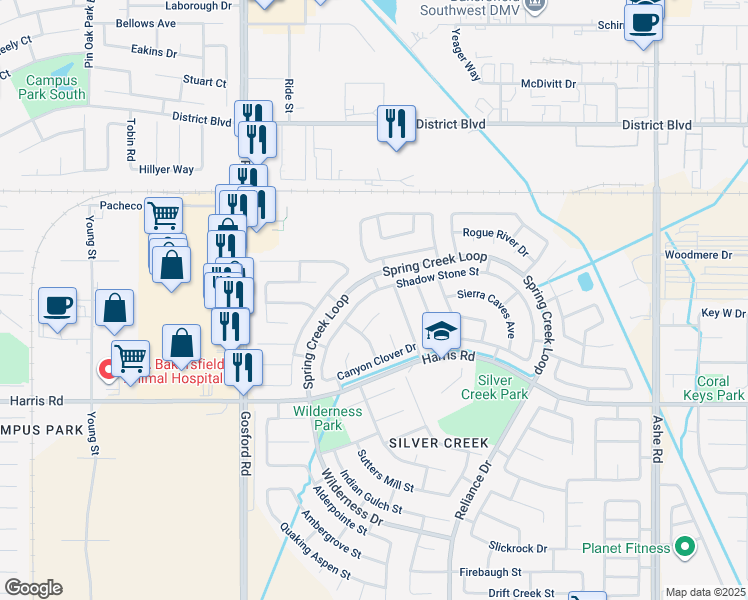 map of restaurants, bars, coffee shops, grocery stores, and more near 5220 Shadow Stone Street in Bakersfield