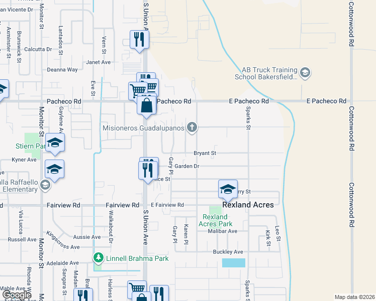 map of restaurants, bars, coffee shops, grocery stores, and more near 2732 Karen Place in Bakersfield