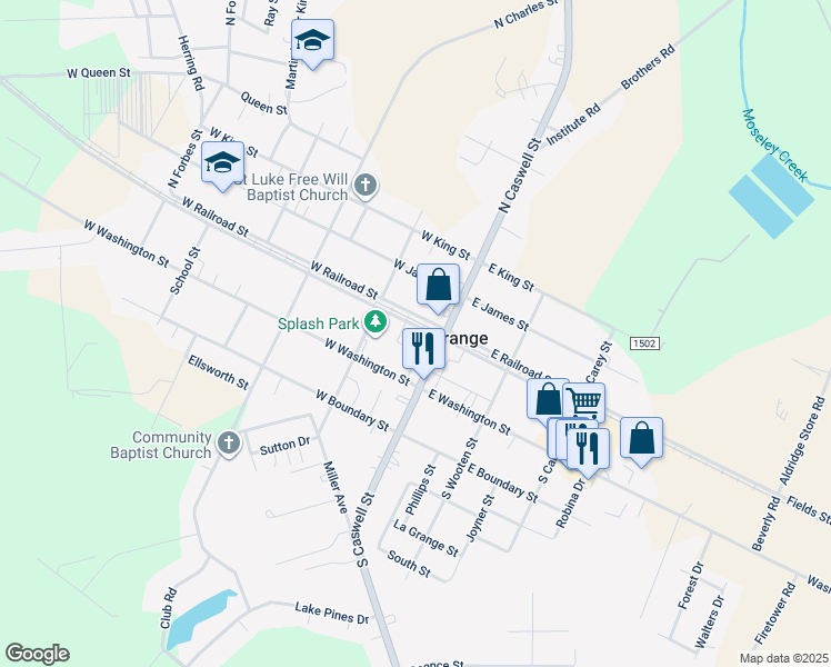 map of restaurants, bars, coffee shops, grocery stores, and more near 119 West Railroad Street in La Grange