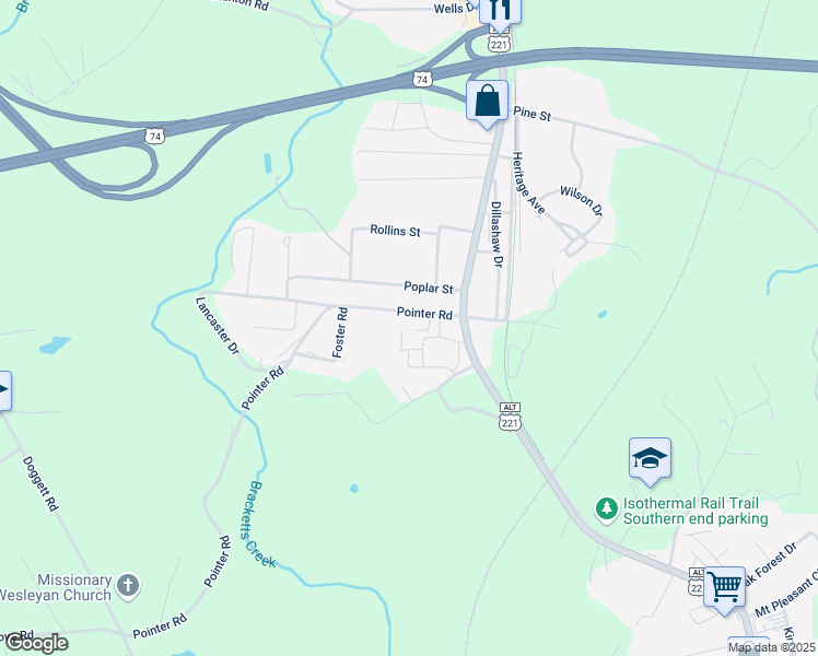 map of restaurants, bars, coffee shops, grocery stores, and more near 100 Heritage Village in Forest City