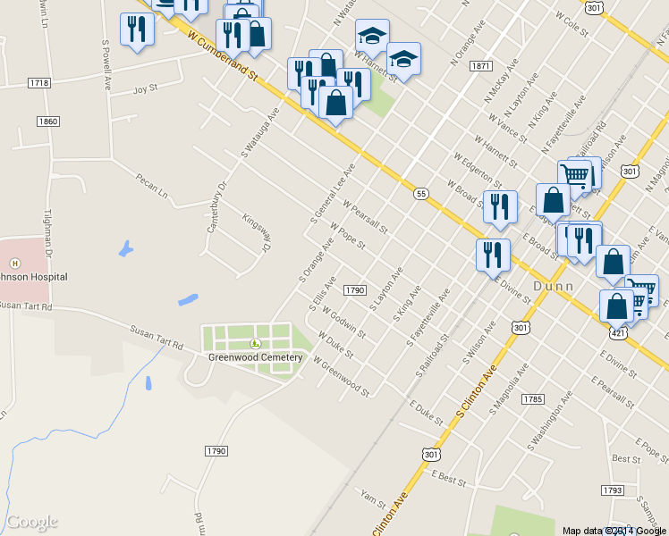map of restaurants, bars, coffee shops, grocery stores, and more near 602 South Ellis Avenue in Dunn