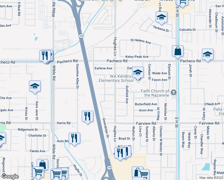 map of restaurants, bars, coffee shops, grocery stores, and more near 2513 Miria Drive in Bakersfield