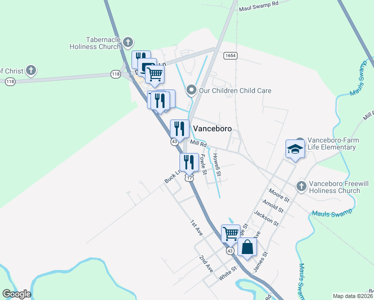 map of restaurants, bars, coffee shops, grocery stores, and more near 8226 Main Street in Vanceboro