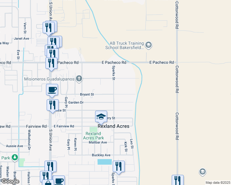 map of restaurants, bars, coffee shops, grocery stores, and more near 118 Sparks Street in Bakersfield