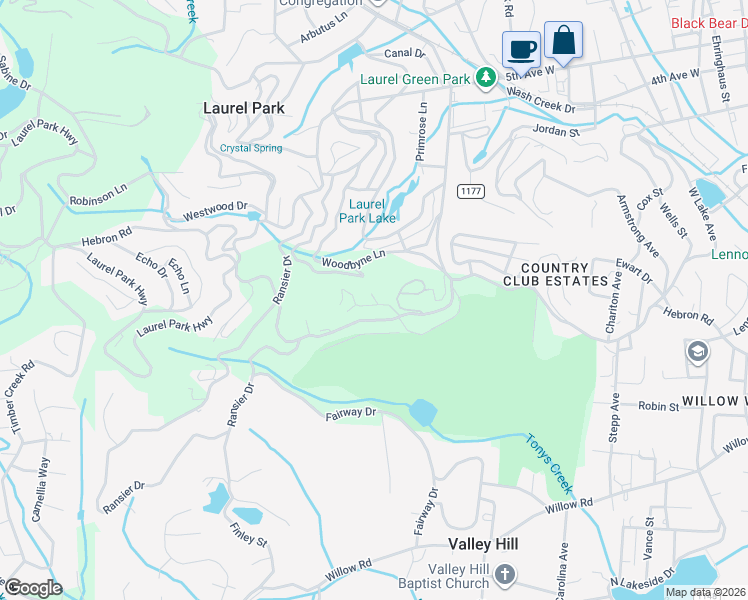 map of restaurants, bars, coffee shops, grocery stores, and more near 125 Bent Tree Drive in Laurel Park
