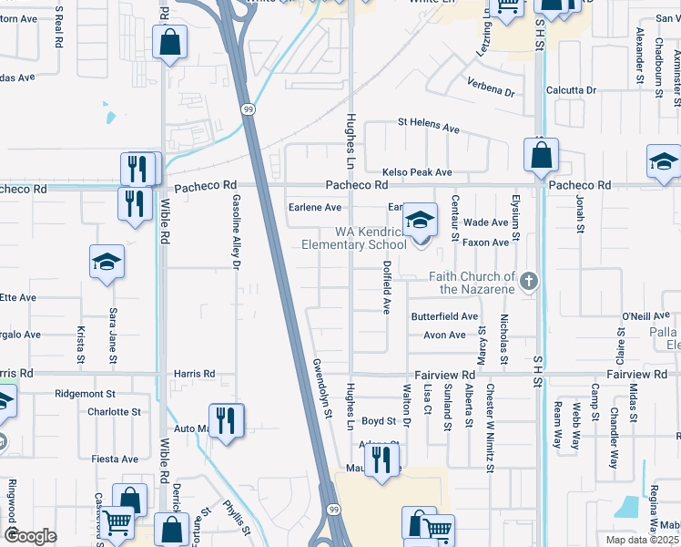 map of restaurants, bars, coffee shops, grocery stores, and more near 2513 Miria Drive in Bakersfield
