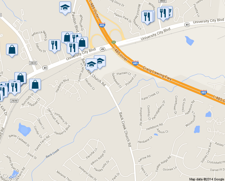 map of restaurants, bars, coffee shops, grocery stores, and more near 10407 Pickerel Lane in Charlotte