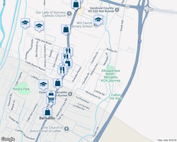 map of restaurants, bars, coffee shops, grocery stores, and more near 601 Carolina Drive in Bernalillo