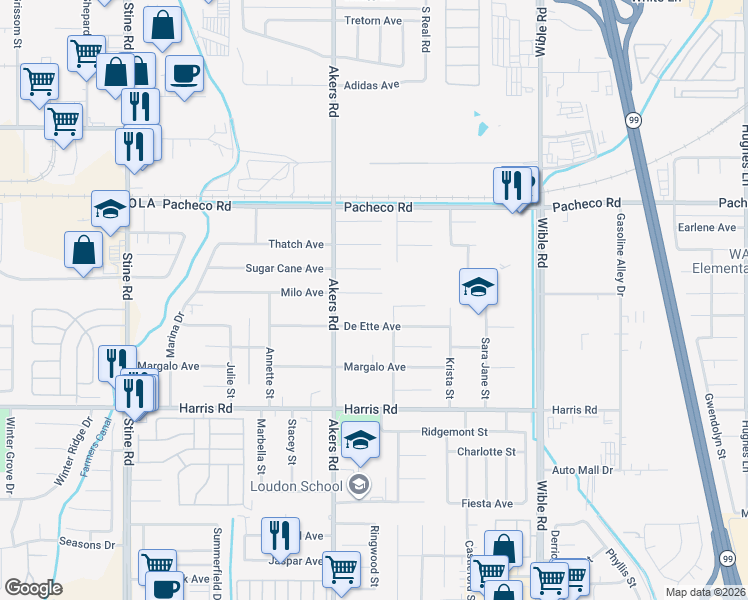 map of restaurants, bars, coffee shops, grocery stores, and more near 4009 Milo Avenue in Bakersfield