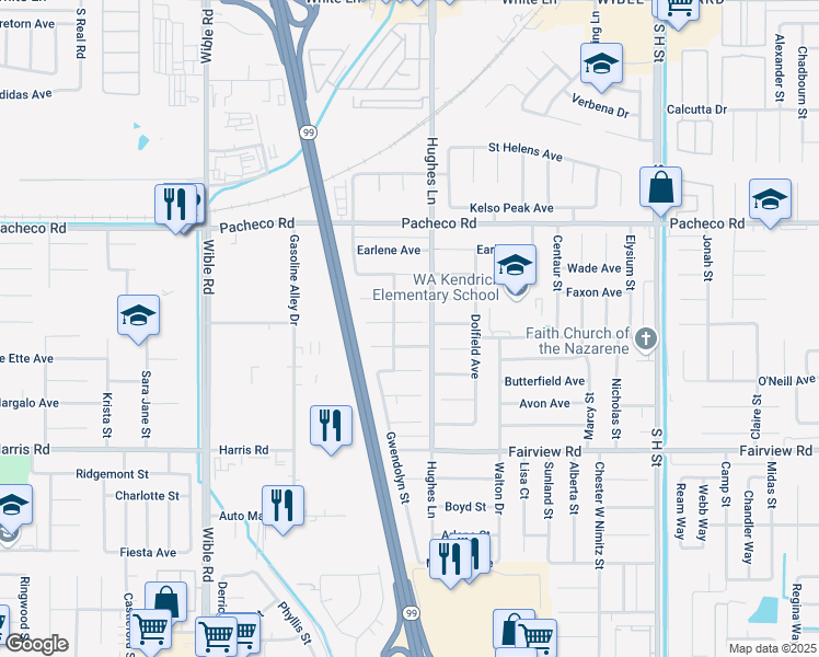 map of restaurants, bars, coffee shops, grocery stores, and more near 2513 Miria Drive in Bakersfield