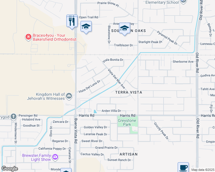 map of restaurants, bars, coffee shops, grocery stores, and more near 10910 Vista Del Rancho Drive in Bakersfield