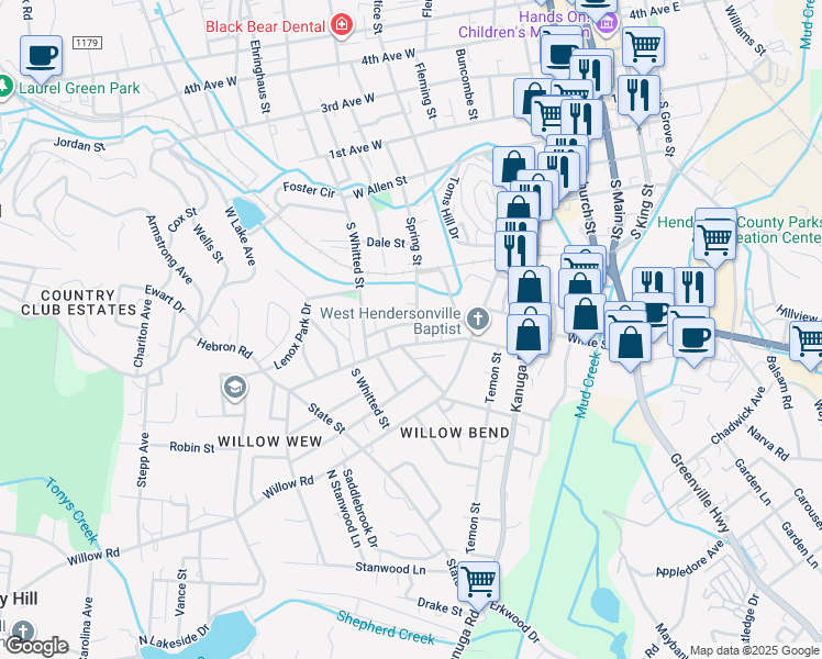 map of restaurants, bars, coffee shops, grocery stores, and more near 707 Spring St in Hendersonville
