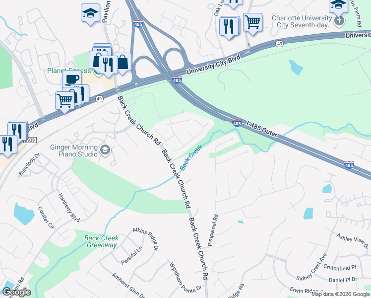 map of restaurants, bars, coffee shops, grocery stores, and more near 10438 Pickerel Lane in Charlotte