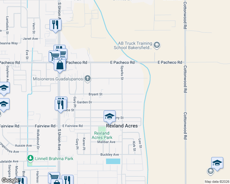 map of restaurants, bars, coffee shops, grocery stores, and more near 420 Bryant Street in Bakersfield