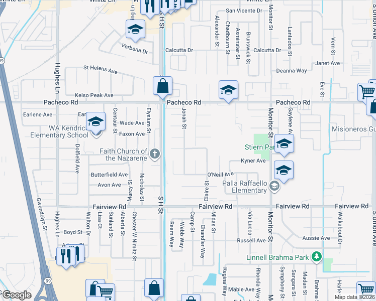 map of restaurants, bars, coffee shops, grocery stores, and more near 5224 Jonah Street in Bakersfield