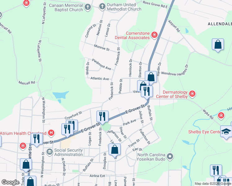 map of restaurants, bars, coffee shops, grocery stores, and more near 735 Vale Street in Shelby