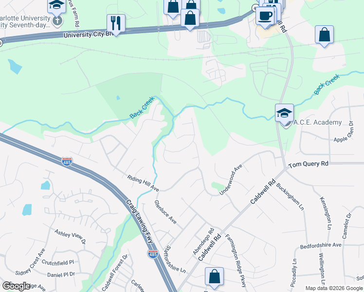 map of restaurants, bars, coffee shops, grocery stores, and more near 11903 Cheviott Hill Lane in Charlotte
