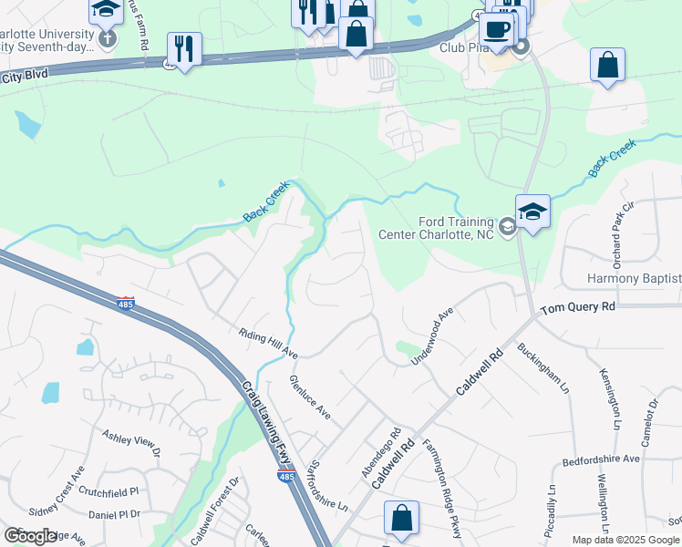 map of restaurants, bars, coffee shops, grocery stores, and more near 11903 Cheviott Hill Lane in Charlotte
