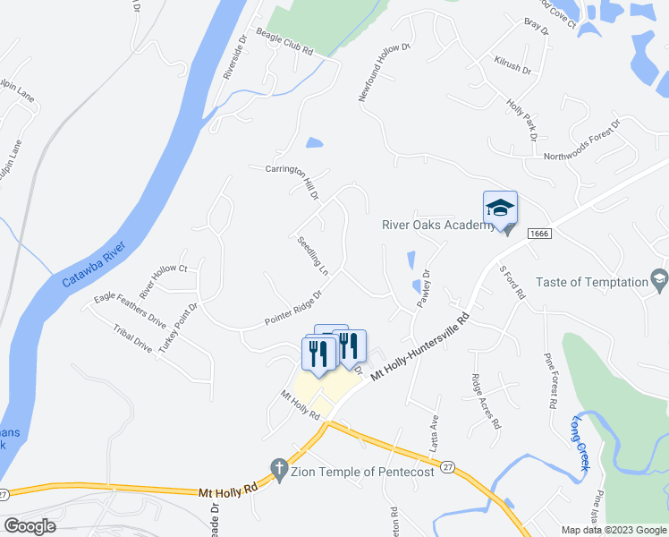 map of restaurants, bars, coffee shops, grocery stores, and more near 11209 Pointer Ridge Drive in Charlotte