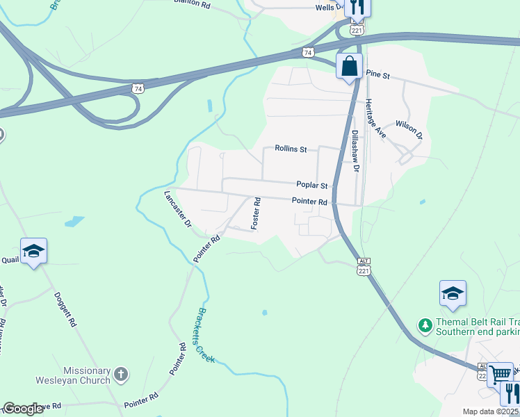 map of restaurants, bars, coffee shops, grocery stores, and more near 121 Foster Road in Forest City