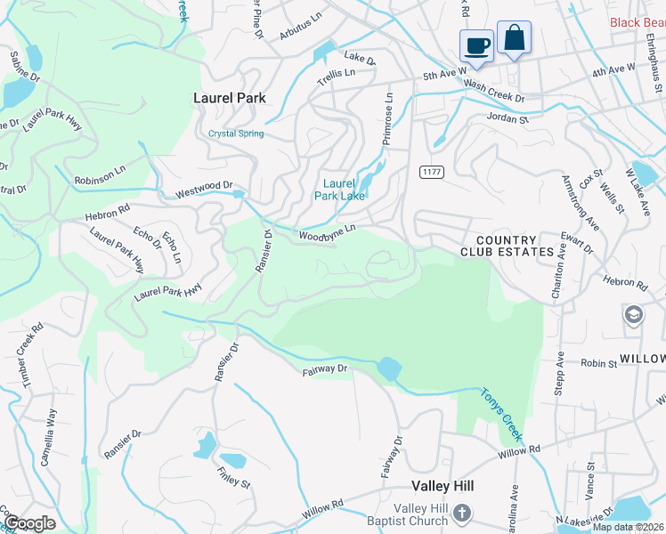 map of restaurants, bars, coffee shops, grocery stores, and more near 125 Bent Tree Drive in Laurel Park