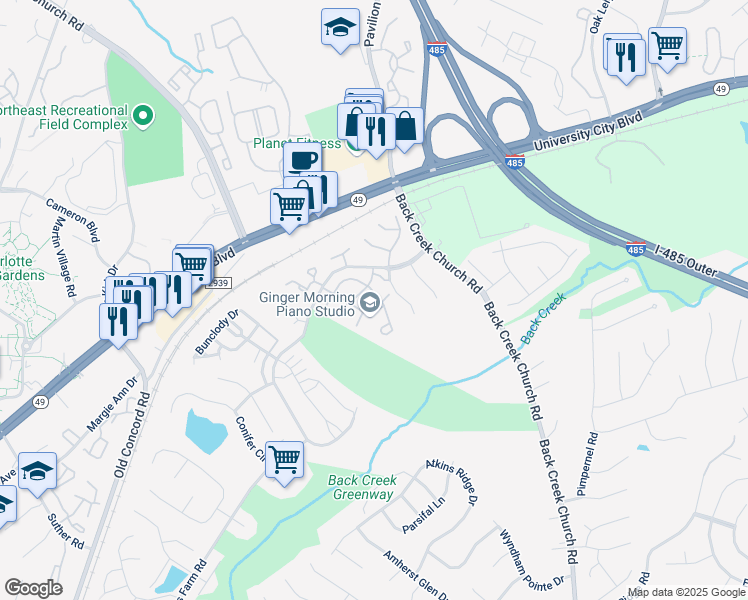 map of restaurants, bars, coffee shops, grocery stores, and more near 2017 University Heights Lane in Charlotte
