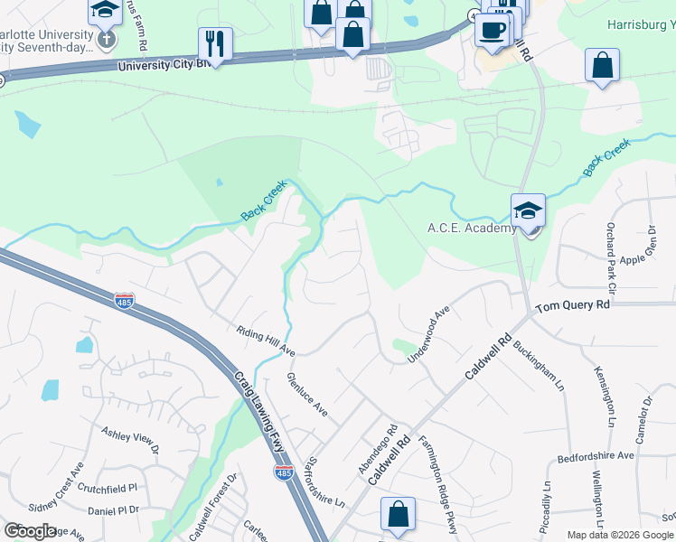 map of restaurants, bars, coffee shops, grocery stores, and more near 11903 Cheviott Hill Lane in Charlotte