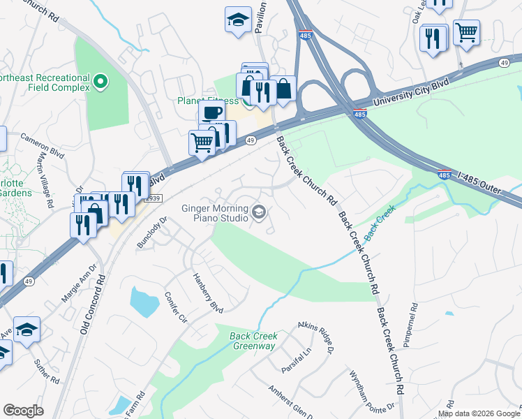 map of restaurants, bars, coffee shops, grocery stores, and more near 2017 University Heights Lane in Charlotte