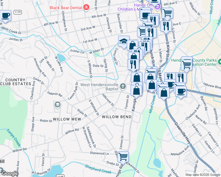 map of restaurants, bars, coffee shops, grocery stores, and more near 707 Spring Street in Hendersonville