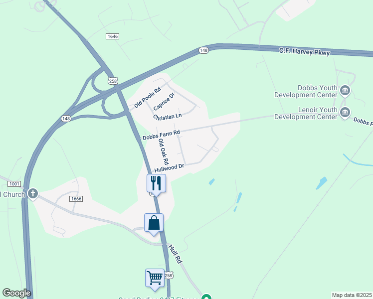 map of restaurants, bars, coffee shops, grocery stores, and more near 2232 Gold Leaf Circle in Kinston