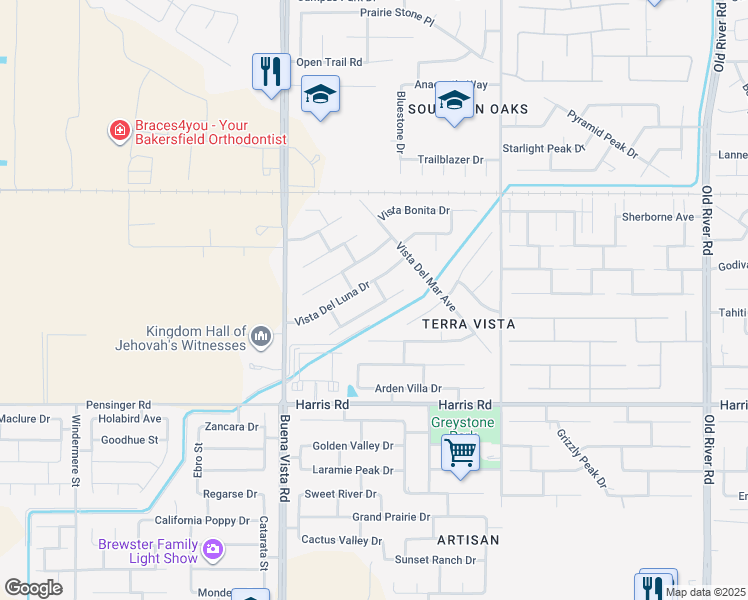 map of restaurants, bars, coffee shops, grocery stores, and more near 10910 Vista Del Rancho Drive in Bakersfield