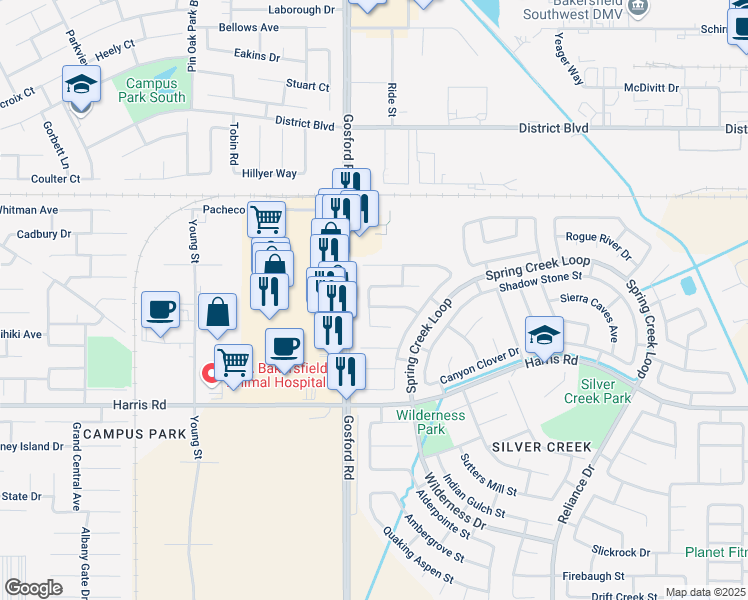 map of restaurants, bars, coffee shops, grocery stores, and more near 8004 Moss Crossing Avenue in Bakersfield