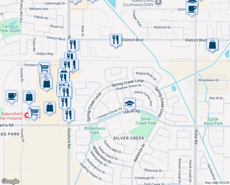 map of restaurants, bars, coffee shops, grocery stores, and more near 5307 Silvergate Street in Bakersfield