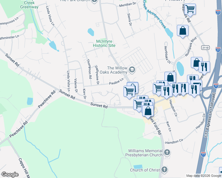 map of restaurants, bars, coffee shops, grocery stores, and more near 4216 Glenlea Commons Drive in Charlotte